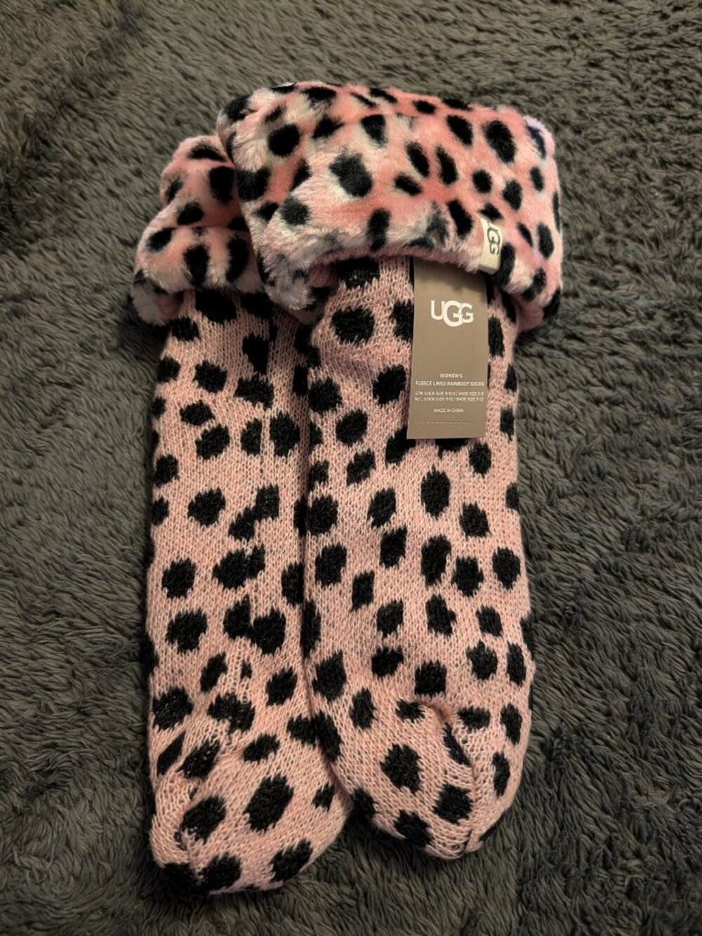 UGG Women's Fleece Lined Rainboot Socks Pink Scallop Cheetah ~ S/M